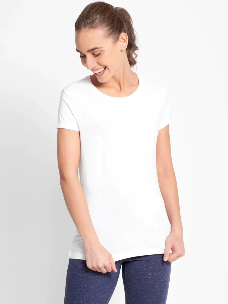 White JOCKEY Women's Regular Fit Solid Round Neck Half Sleeve T-Shirt