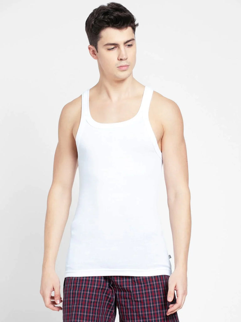 White Jockey Cotton Rib Square Neckline Gym Vest  for Men