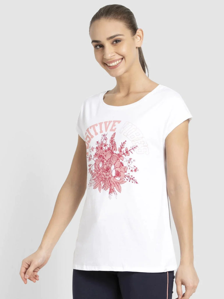 White JOCKEY Women's Yarn Dyed Printed Round Neck Half Sleeve T-Shirt