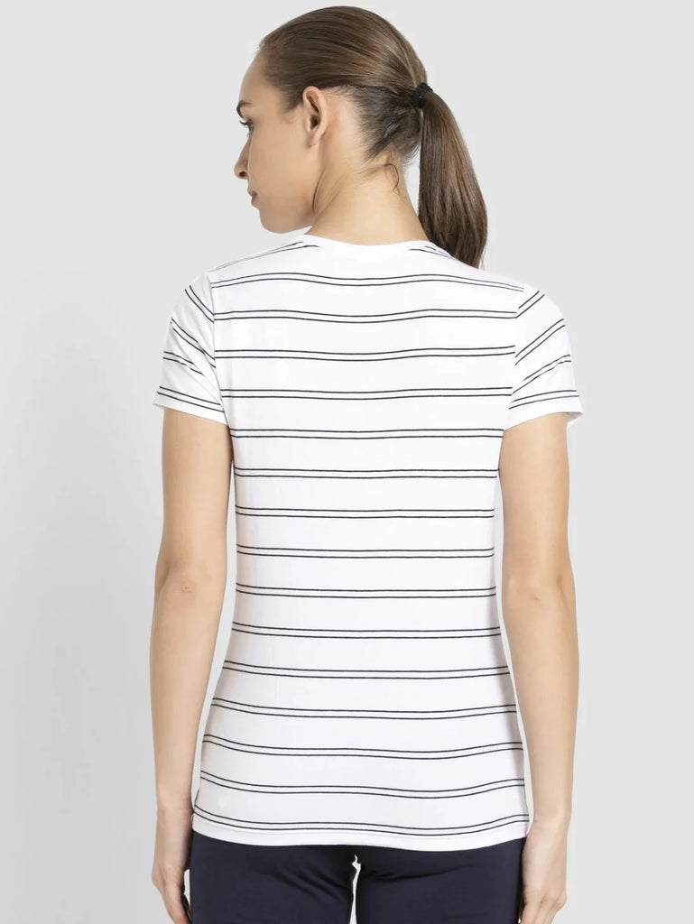 White JOCKEY Women's Yarn Dyed Striped Round Neck Half Sleeve T-Shirt