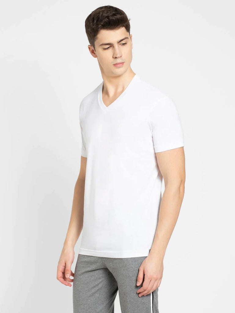 White JOCKEY Men's Solid V Neck Half Sleeve T-Shirt