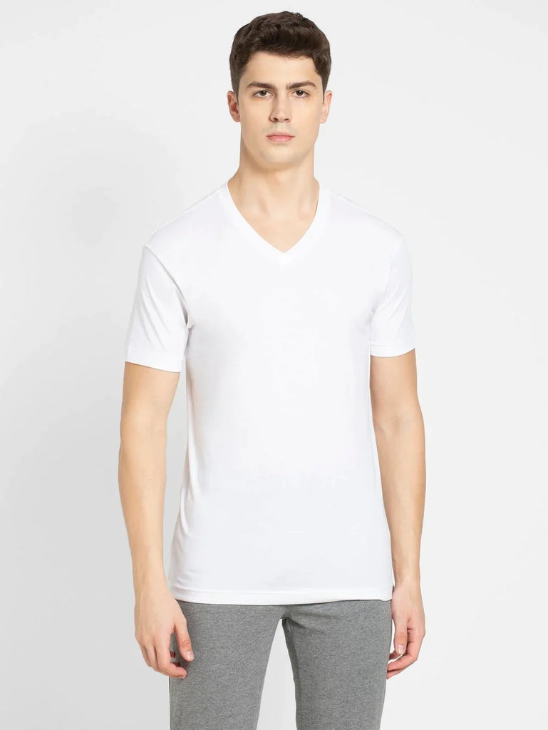 White JOCKEY Men's Solid V Neck Half Sleeve T-Shirt