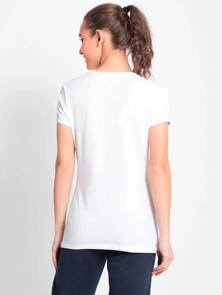 White JOCKEY Women's Regular Fit Solid V Neck Half Sleeve T-Shirt
