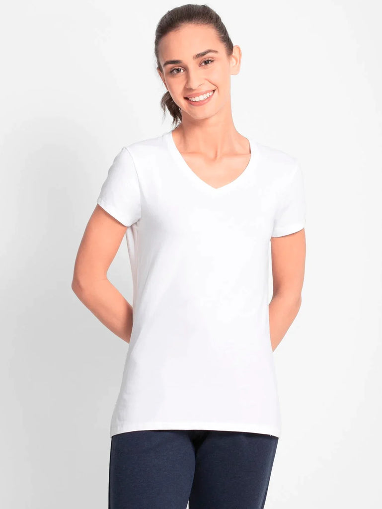 White JOCKEY Women's Regular Fit Solid V Neck Half Sleeve T-Shirt