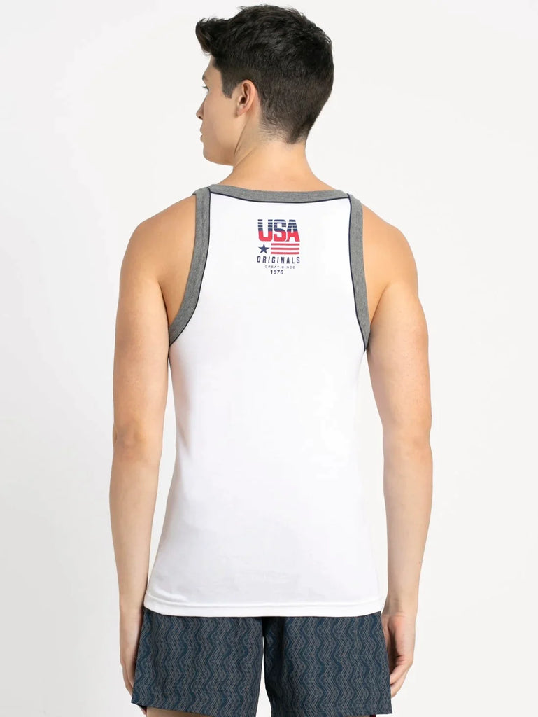 White Jockey Cotton Rib Square Neckline Gym Vest  for Men