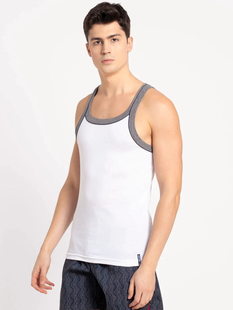 White Jockey Cotton Rib Square Neckline Gym Vest  for Men