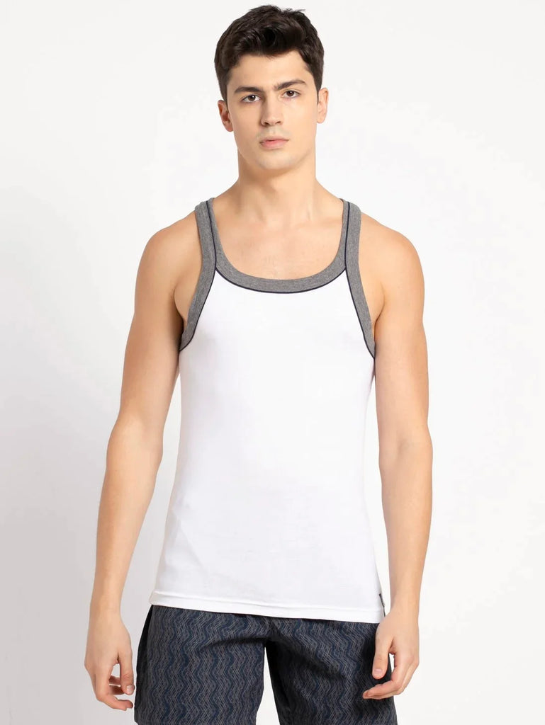 White Jockey Cotton Rib Square Neckline Gym Vest  for Men