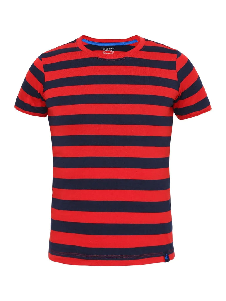 Wordly Red & Navy JOCKEY Boy's Striped Half Sleeve T-Shirt