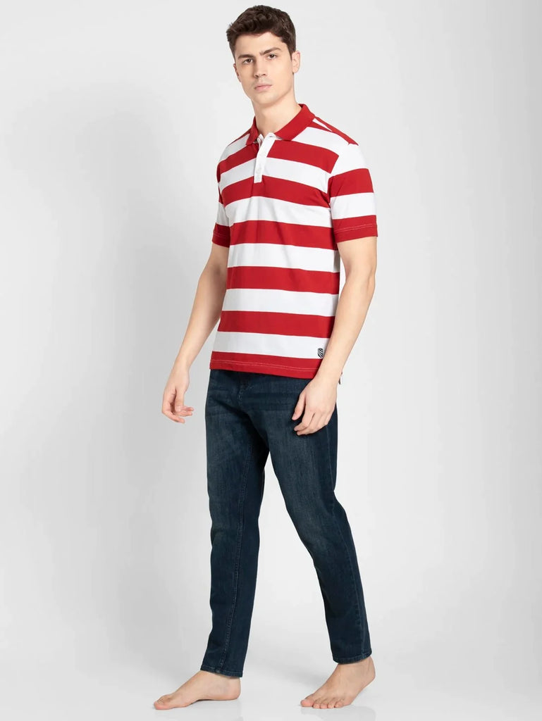 Worldly Red & White JOCKEY Men's Striped Polo T-Shirt