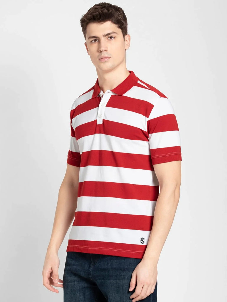 Worldly Red & White JOCKEY Men's Striped Polo T-Shirt