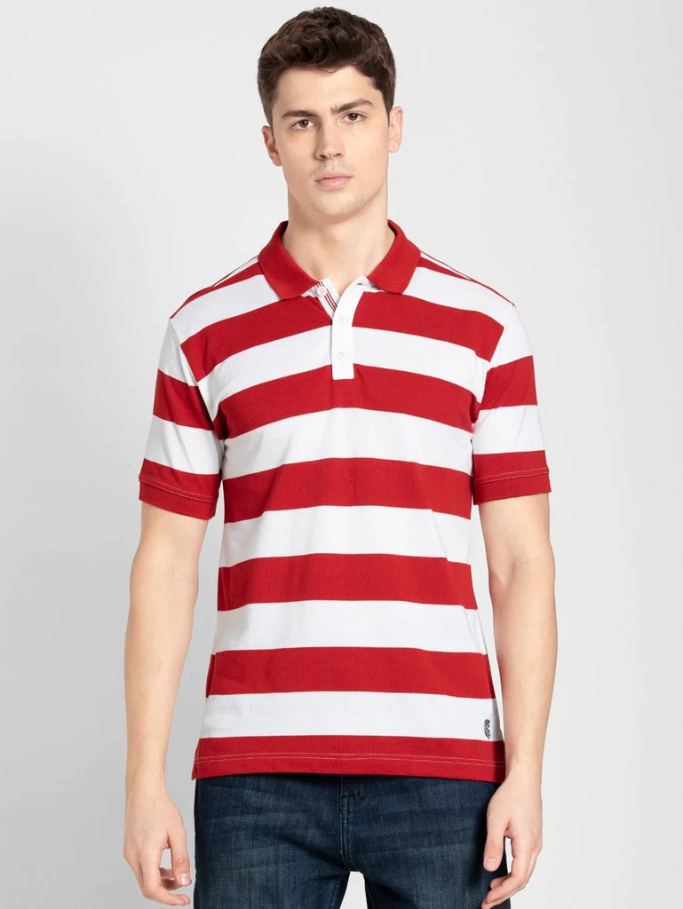 Worldly Red & White JOCKEY Men's Striped Polo T-Shirt